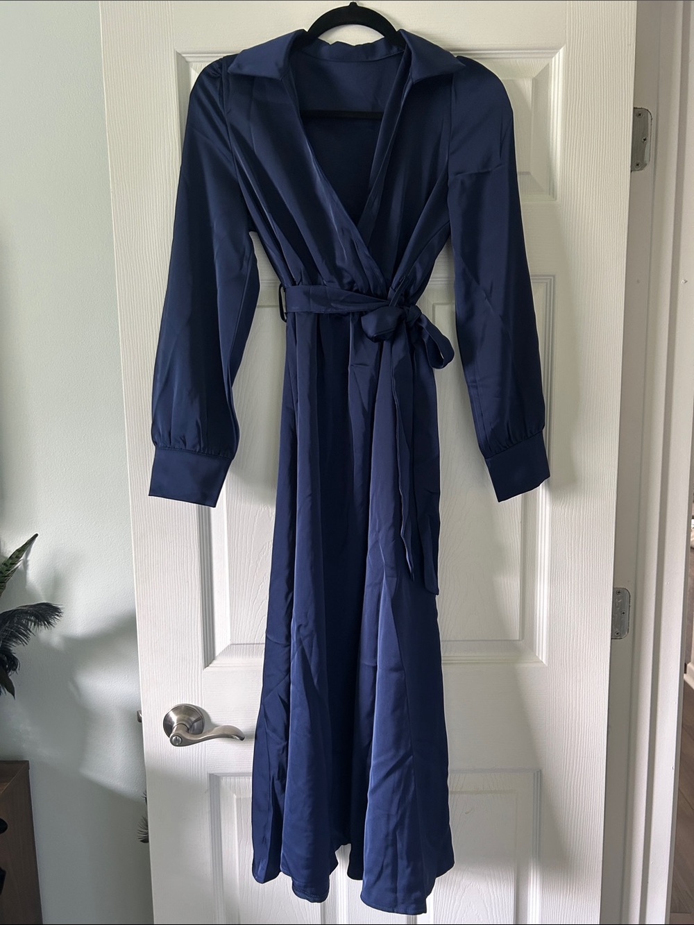 SHEIN Navy Blue Satin Long Sleeve Wrap Maxi Dress